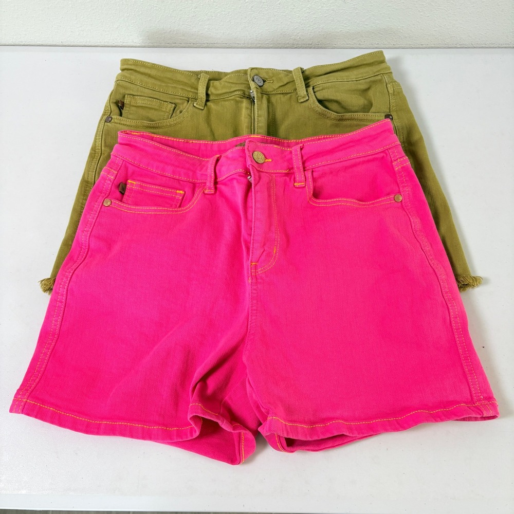 Judy Blue Garment Dyed Denim Shorts Set of 2 Women L Pink Olive Green